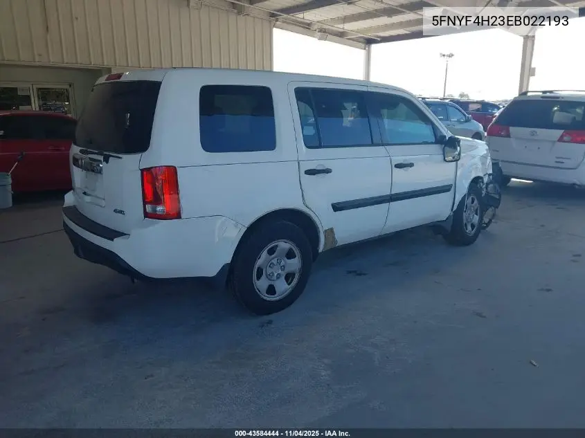 5FNYF4H23EB022193 2014 Honda Pilot Lx
