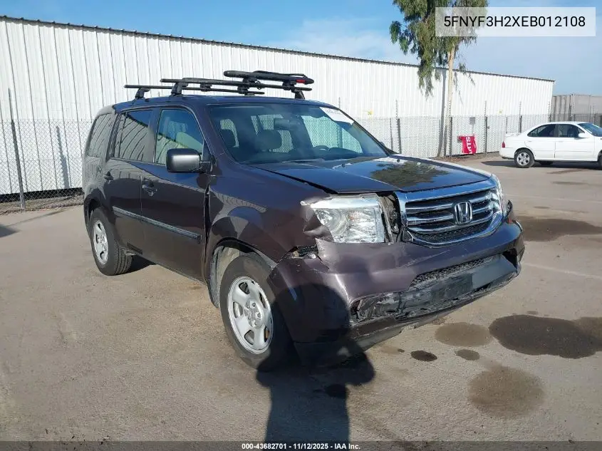 5FNYF3H2XEB012108 2014 Honda Pilot Lx