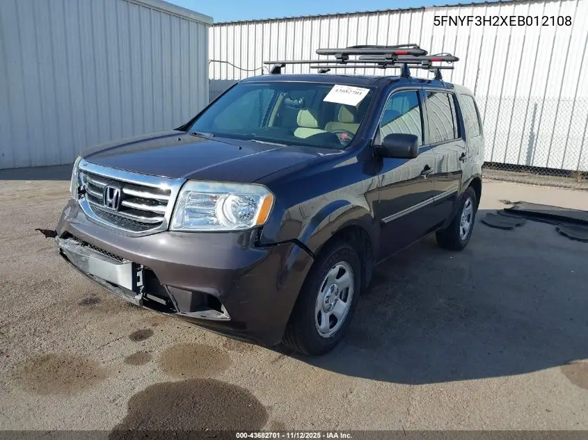 5FNYF3H2XEB012108 2014 Honda Pilot Lx