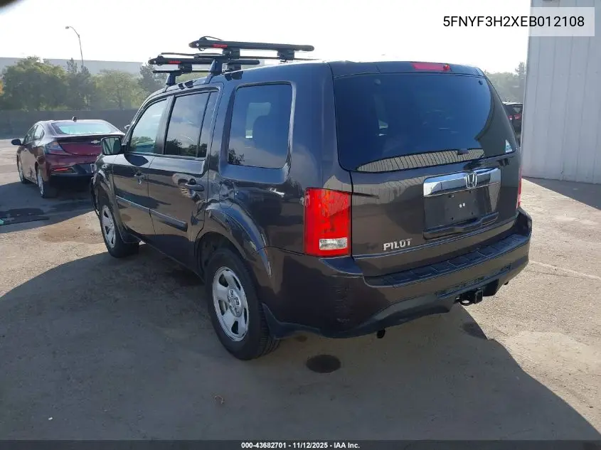 5FNYF3H2XEB012108 2014 Honda Pilot Lx
