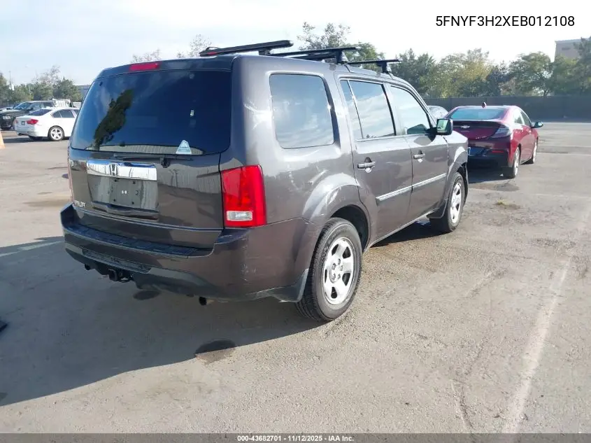5FNYF3H2XEB012108 2014 Honda Pilot Lx