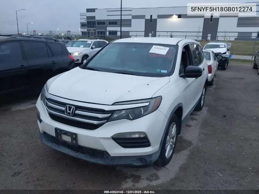 5FNYF5H18GB012274 2016 Honda Pilot Lx
