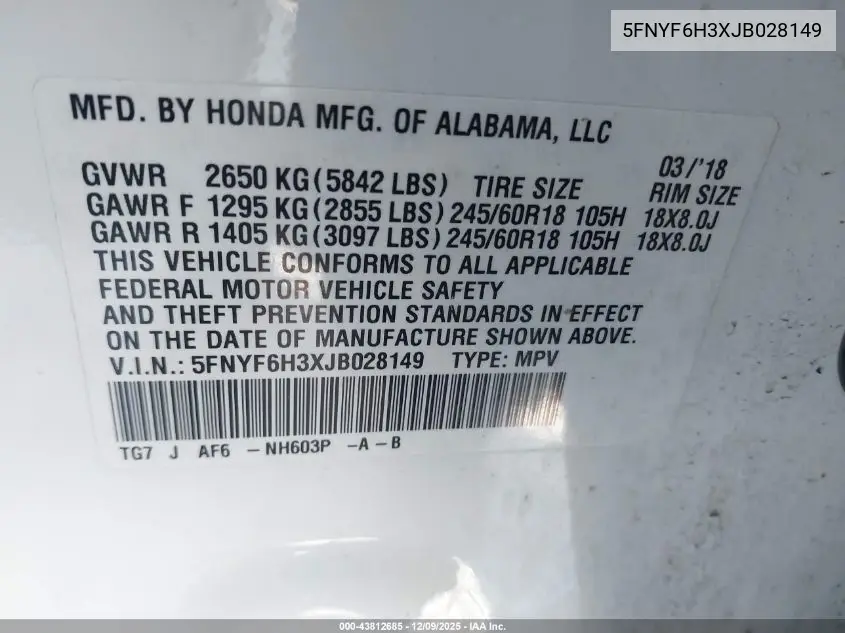 5FNYF6H3XJB028149 2018 Honda Pilot Ex