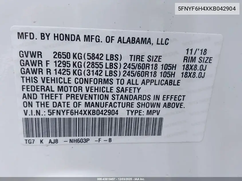 5FNYF6H4XKB042904 2019 Honda Pilot Ex-L
