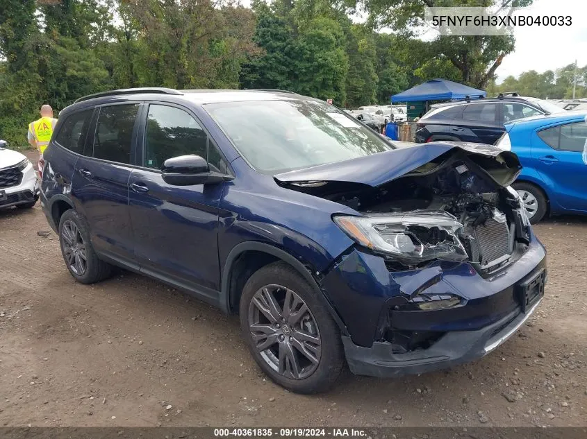 2022 Honda Pilot Awd Sport VIN: 5FNYF6H3XNB040033 Lot: 40361835