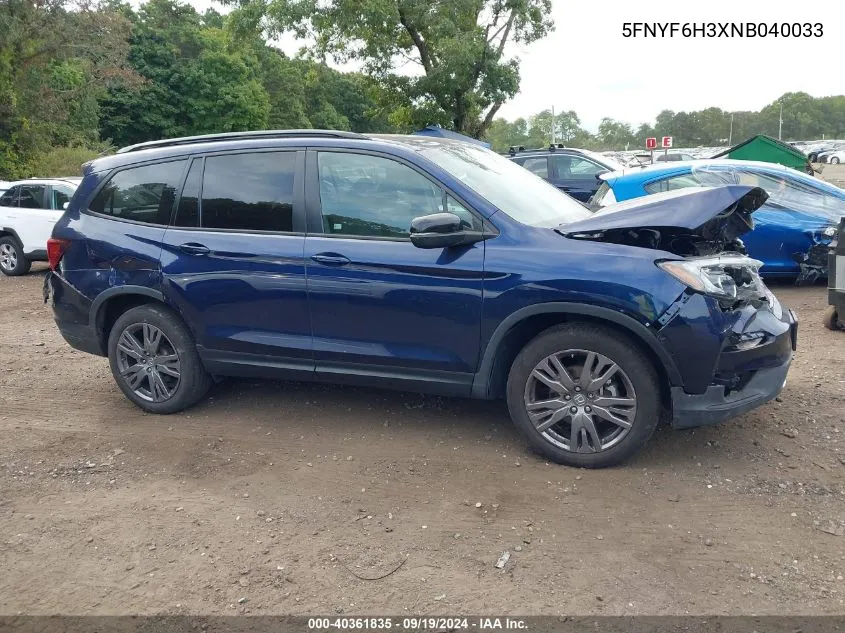 2022 Honda Pilot Awd Sport VIN: 5FNYF6H3XNB040033 Lot: 40361835