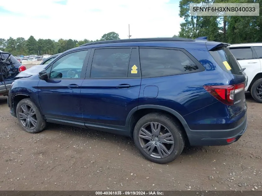 2022 Honda Pilot Awd Sport VIN: 5FNYF6H3XNB040033 Lot: 40361835