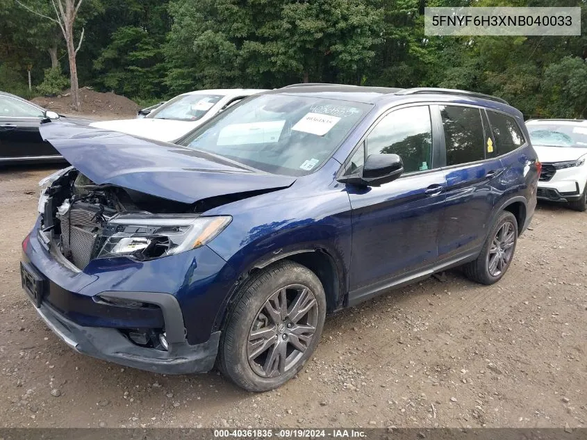 2022 Honda Pilot Awd Sport VIN: 5FNYF6H3XNB040033 Lot: 40361835