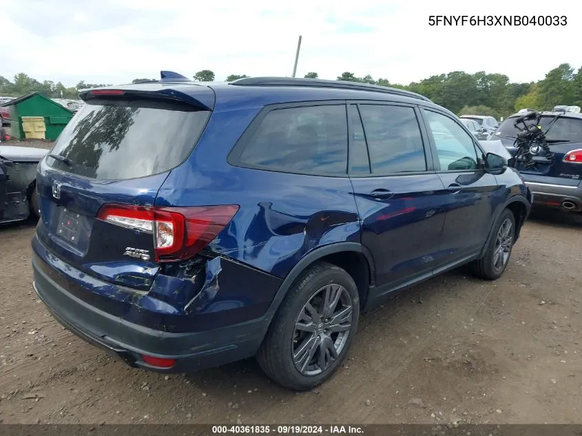 2022 Honda Pilot Awd Sport VIN: 5FNYF6H3XNB040033 Lot: 40361835