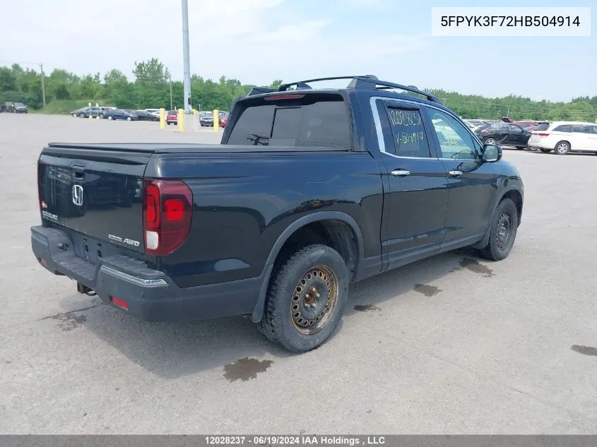 2017 Honda Ridgeline VIN: 5FPYK3F72HB504914 Lot: 12028237