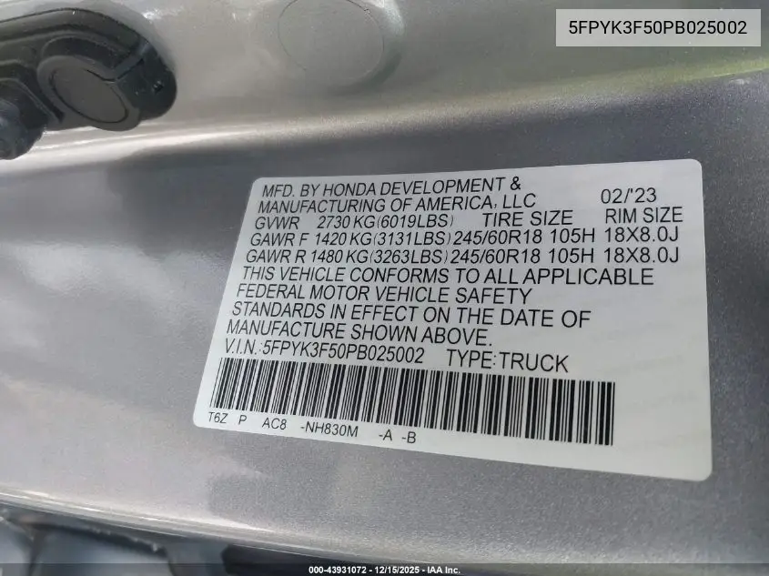 5FPYK3F50PB025002 2023 Honda Ridgeline Rtl