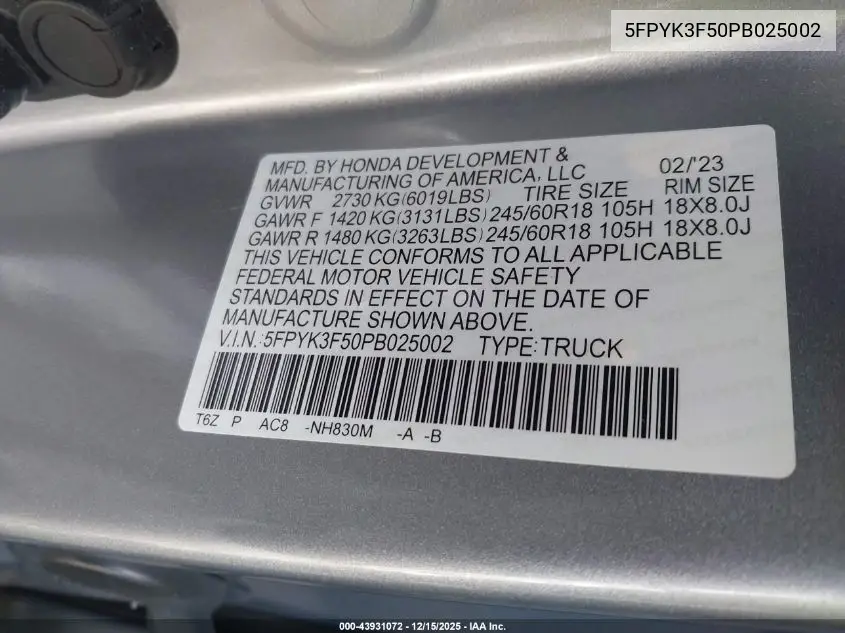 5FPYK3F50PB025002 2023 Honda Ridgeline Rtl