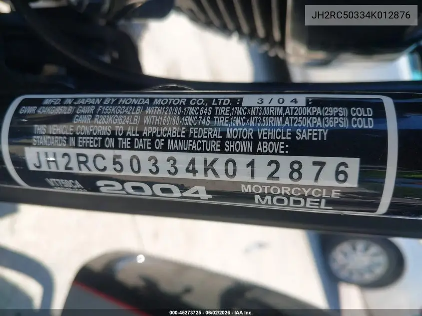 2004 Honda Vt750 Ca VIN: JH2RC50334K012876 Lot: 45273725