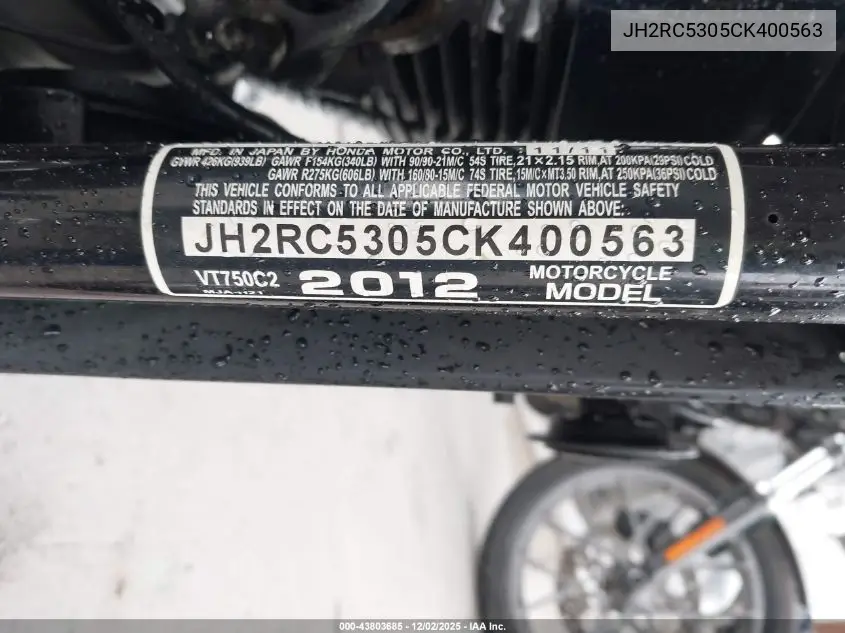 JH2RC5305CK400563 2012 Honda Vt750 C2