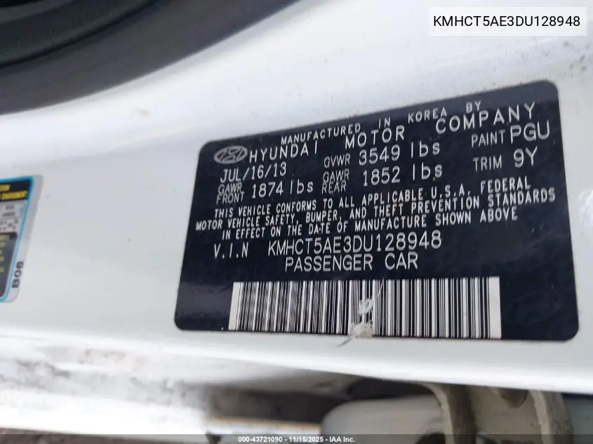 KMHCT5AE3DU128948 2013 Hyundai Accent Gs