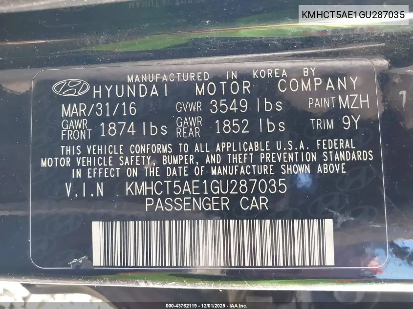 KMHCT5AE1GU287035 2016 Hyundai Accent Se
