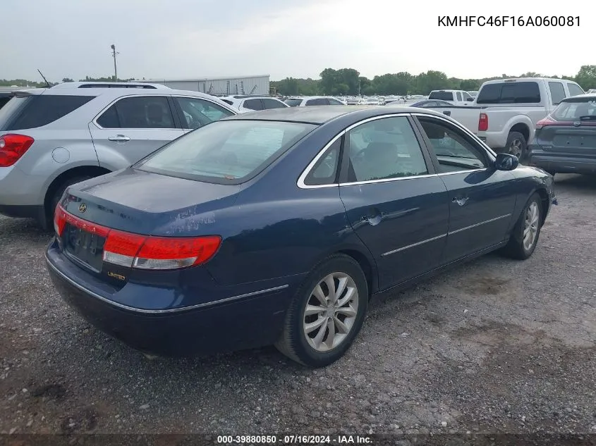 2006 Hyundai Azera Limited/Se VIN: KMHFC46F16A060081 Lot: 39880850