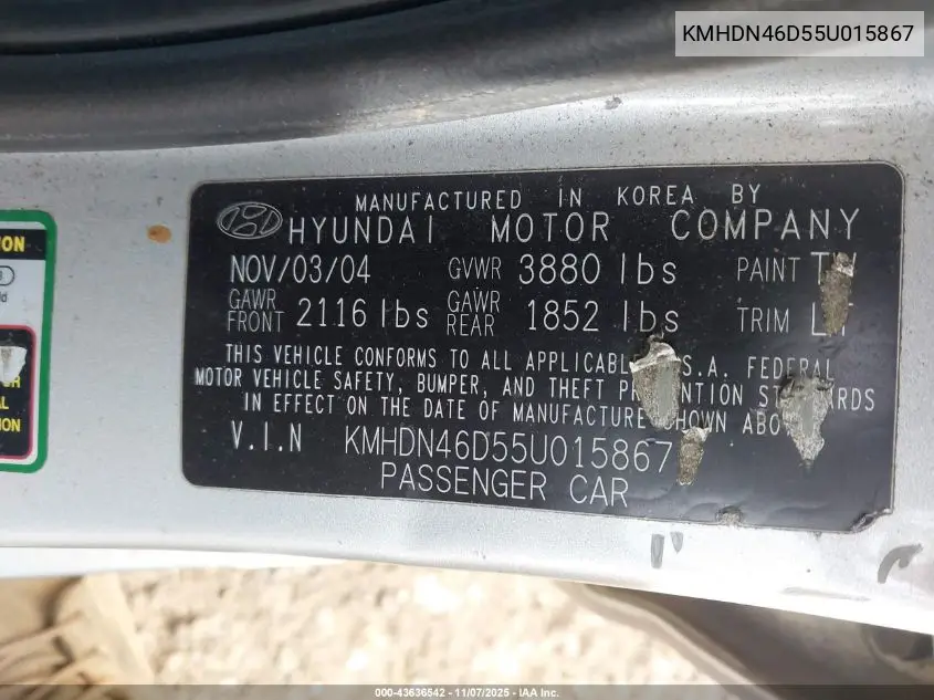KMHDN46D55U015867 2005 Hyundai Elantra Gls/Gt