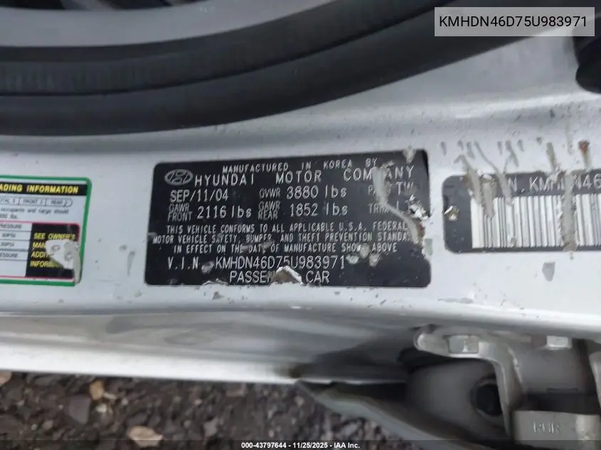 KMHDN46D75U983971 2005 Hyundai Elantra Gls/Gt