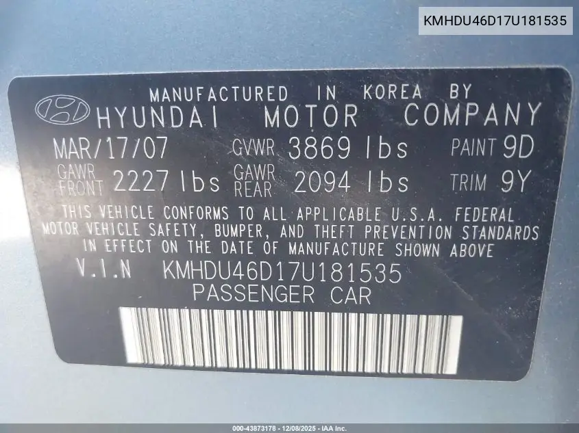 KMHDU46D17U181535 2007 Hyundai Elantra Gls/Limited/Se