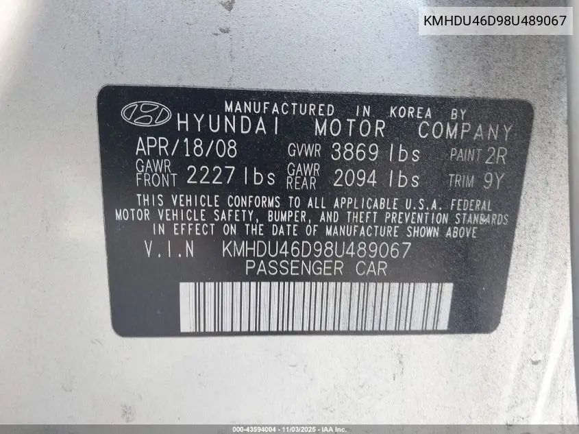 KMHDU46D98U489067 2008 Hyundai Elantra Gls/Se