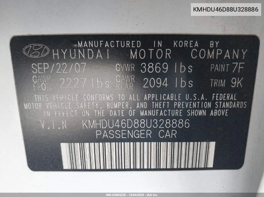 KMHDU46D88U328886 2008 Hyundai Elantra Gls/Se