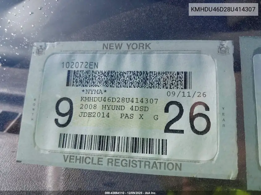 KMHDU46D28U414307 2008 Hyundai Elantra Gls/Se