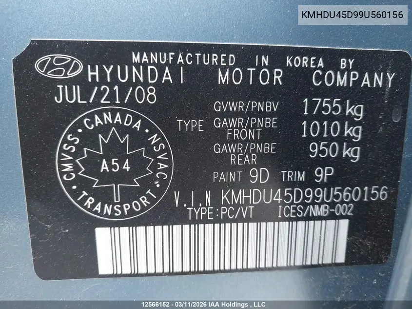 KMHDU45D99U560156 2009 Hyundai Elantra Gl/L