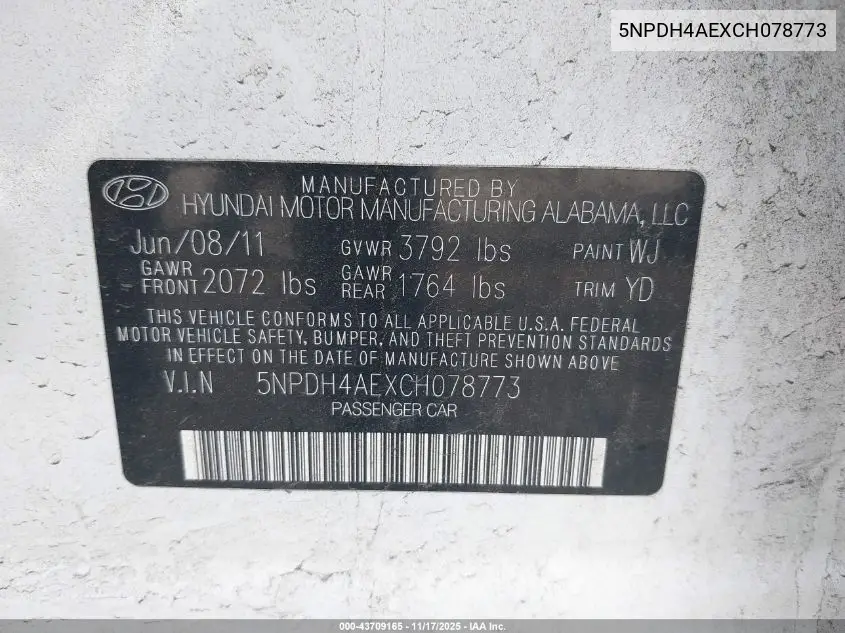 5NPDH4AEXCH078773 2012 Hyundai Elantra Gls