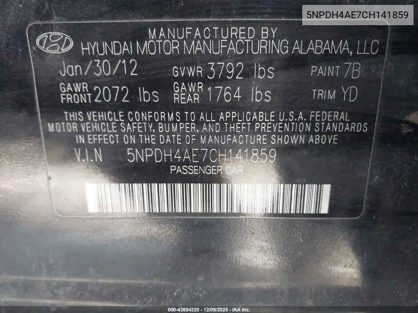 5NPDH4AE7CH141859 2012 Hyundai Elantra Gls