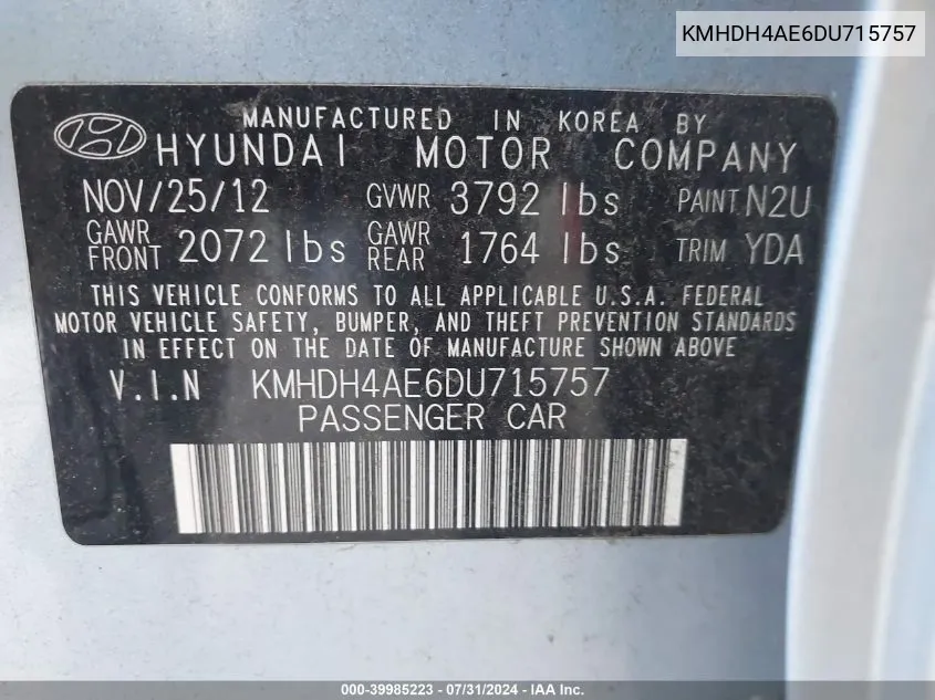 KMHDH4AE6DU715757 2013 Hyundai Elantra Gls