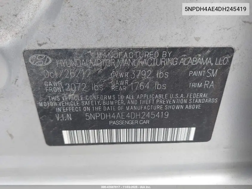 5NPDH4AE4DH245419 2013 Hyundai Elantra Gls