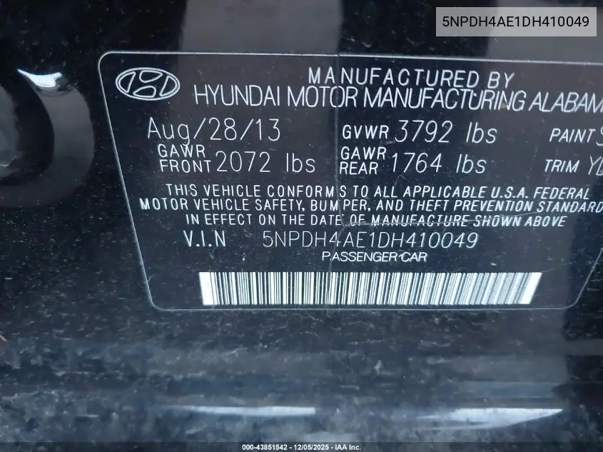 5NPDH4AE1DH410049 2013 Hyundai Elantra Gls