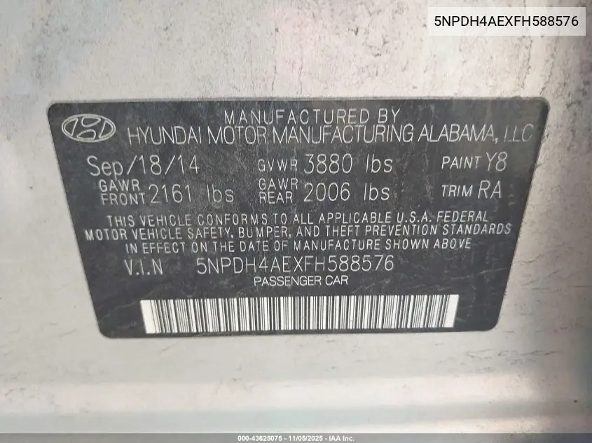 5NPDH4AEXFH588576 2015 Hyundai Elantra Se
