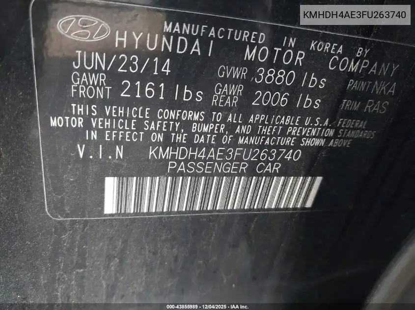 KMHDH4AE3FU263740 2015 Hyundai Elantra Se