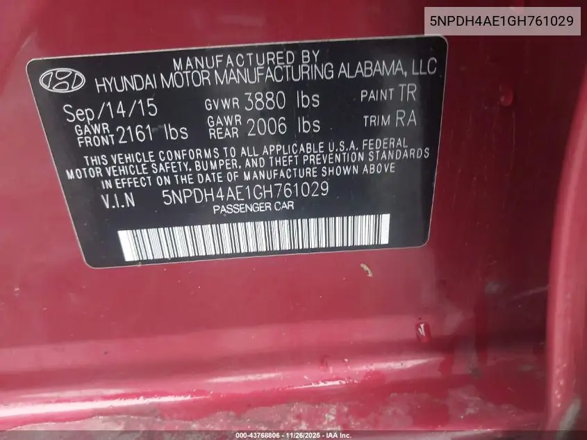 5NPDH4AE1GH761029 2016 Hyundai Elantra Se