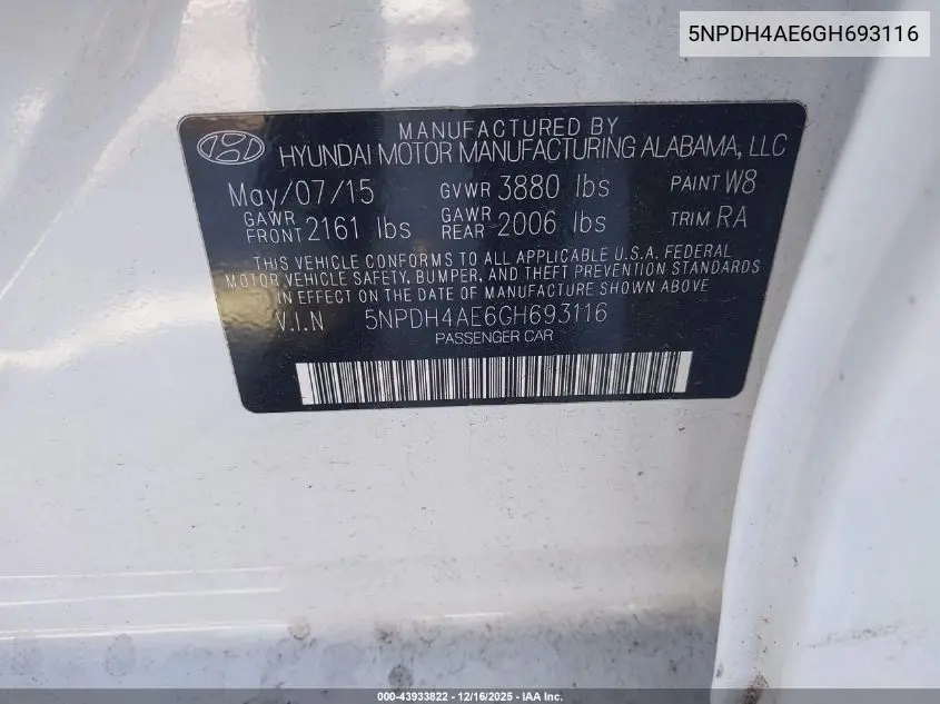 5NPDH4AE6GH693116 2016 Hyundai Elantra Se