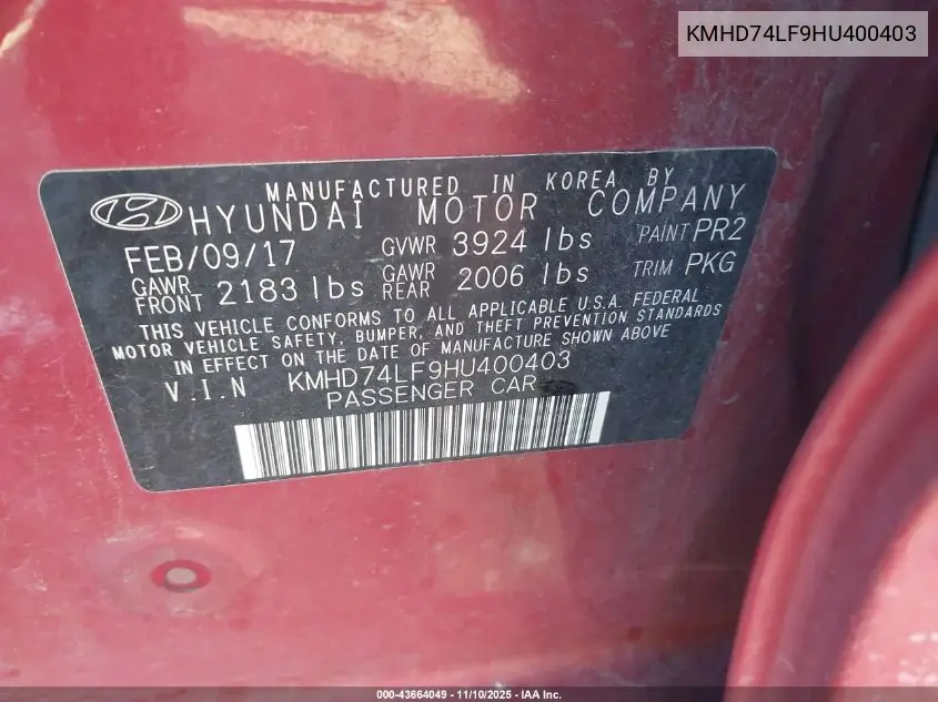 KMHD74LF9HU400403 2017 Hyundai Elantra Se