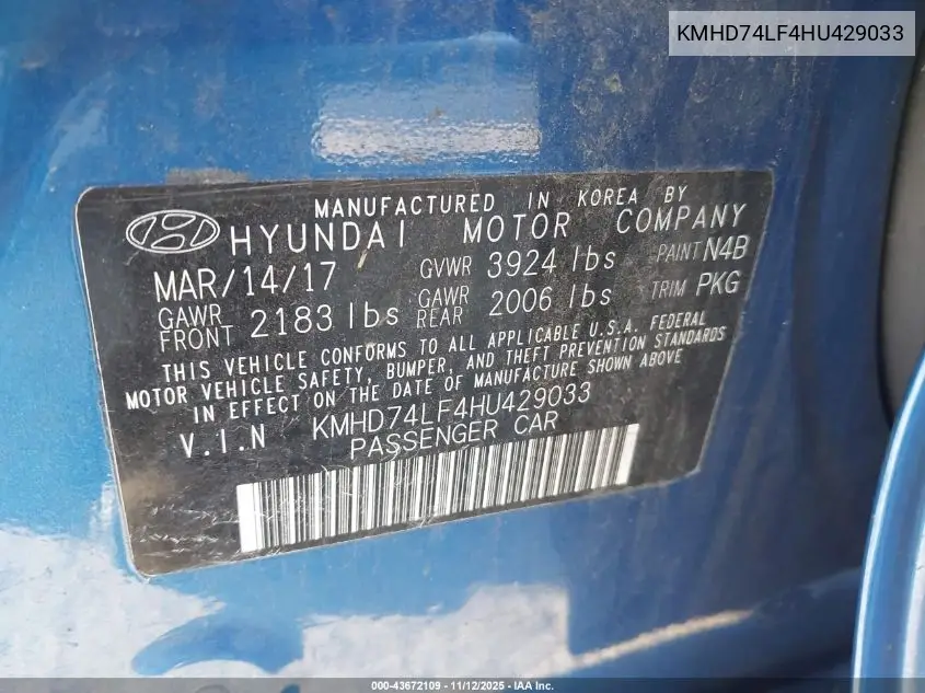 KMHD74LF4HU429033 2017 Hyundai Elantra Se