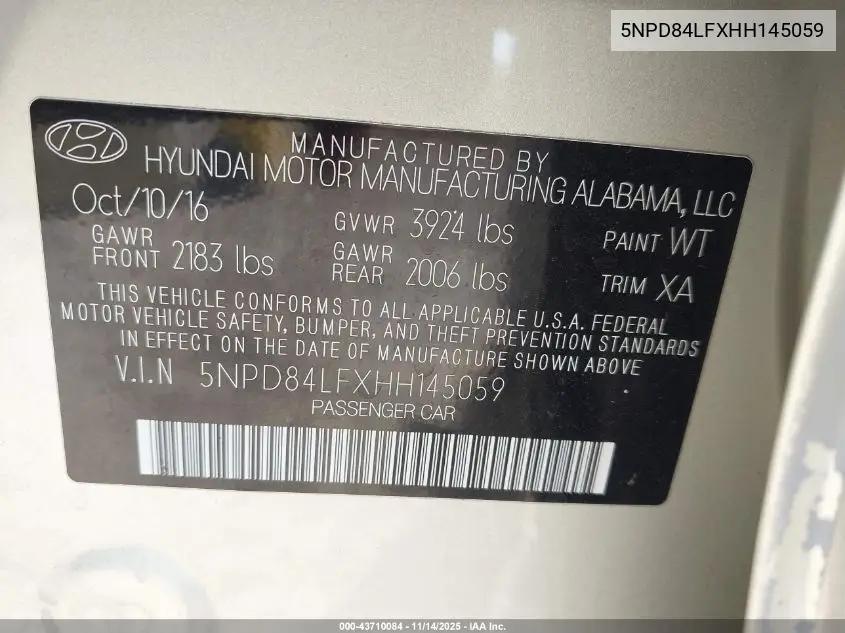 5NPD84LFXHH145059 2017 Hyundai Elantra Se