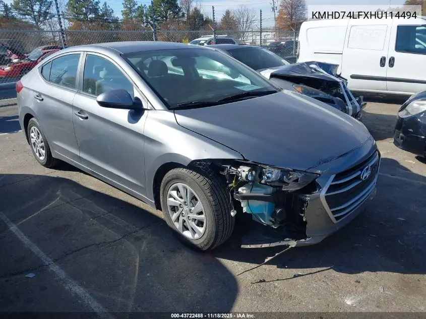KMHD74LFXHU114494 2017 Hyundai Elantra Se