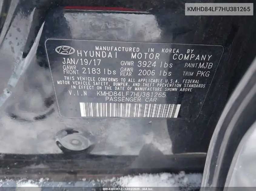 KMHD84LF7HU381265 2017 Hyundai Elantra Se