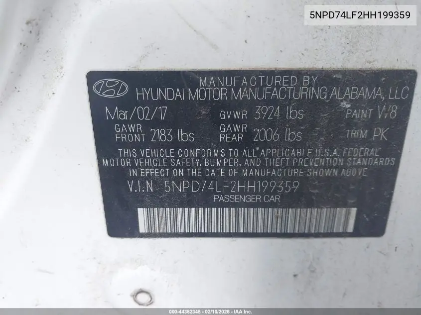 5NPD74LF2HH199359 2017 Hyundai Elantra Se