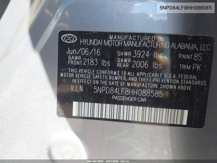 5NPD84LF8HH088585 2017 Hyundai Elantra Se