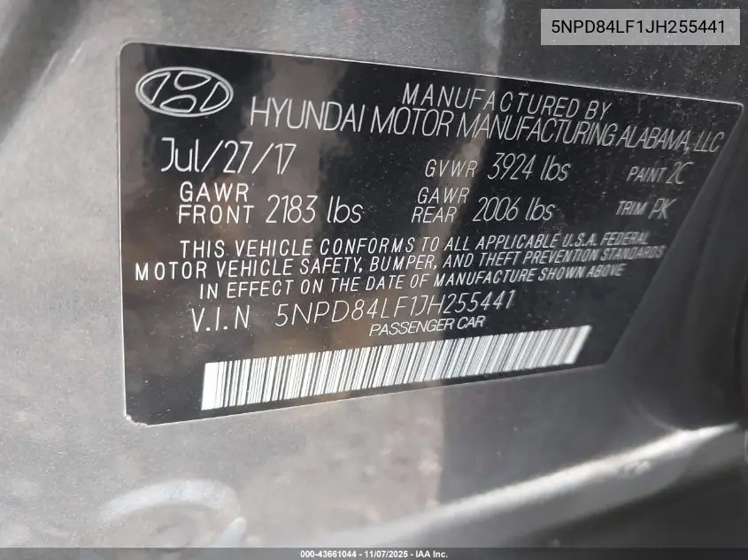 5NPD84LF1JH255441 2018 Hyundai Elantra Sel