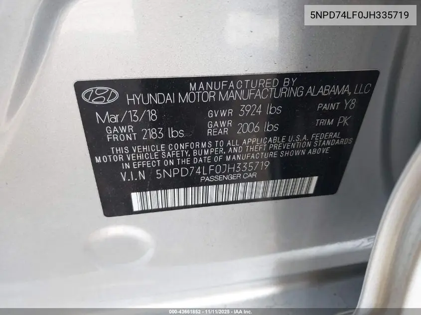 5NPD74LF0JH335719 2018 Hyundai Elantra Se