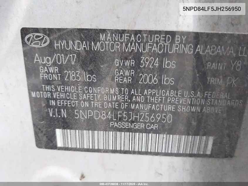 5NPD84LF5JH256950 2018 Hyundai Elantra Sel