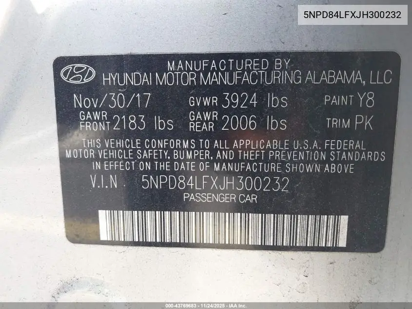 5NPD84LFXJH300232 2018 Hyundai Elantra Sel
