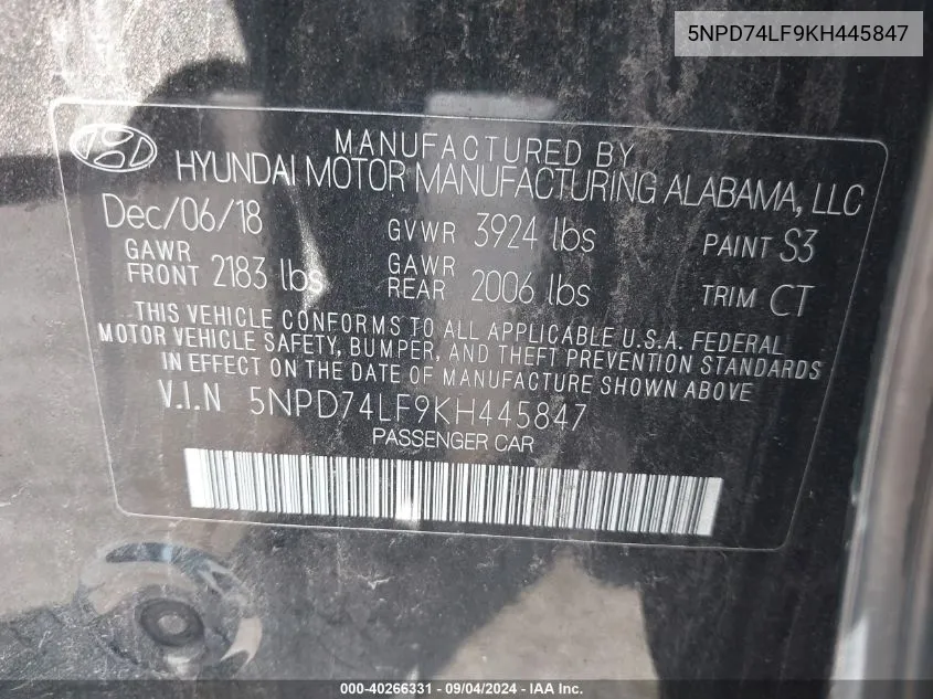 5NPD74LF9KH445847 2019 Hyundai Elantra Se