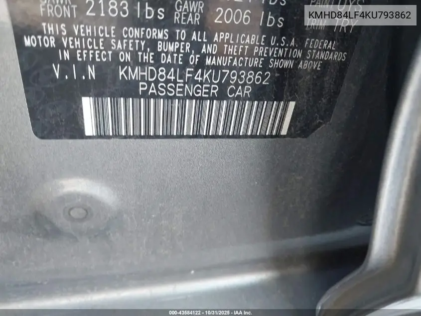 KMHD84LF4KU793862 2019 Hyundai Elantra Sel